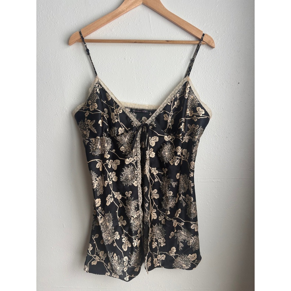 Victoria's‎ Secret Black Floral Lace Trim Cami Slip Lingerie Dress Top Set XL TG